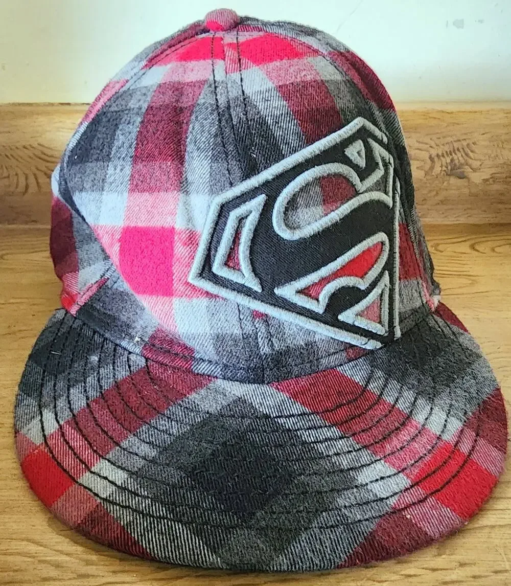 DC Comics Superman Hat L/XL Plaid Red Black Gray White Flat Bill Cap Men's